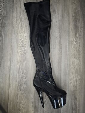 Pleaser Black Patent Over-the-Knee Platform Stiletto Boots